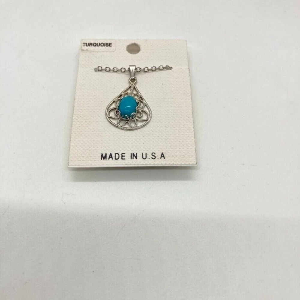 Vintage Style Turquoise Cabochon Filigree Teardrop Pendant Necklace Made‎ in USA